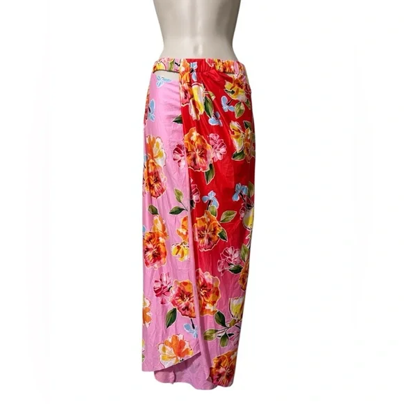 AGUA BENDITA X REVOLVE Mimi Sarong Style Skirt in Pink and Red Blossom NWT - Picture 2 of 9